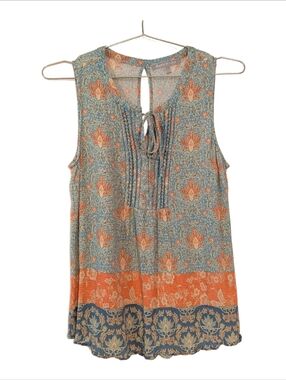 Daniel Rainn Sleeveless Floral Tie-Neck Top in Teal, Orange & Navy